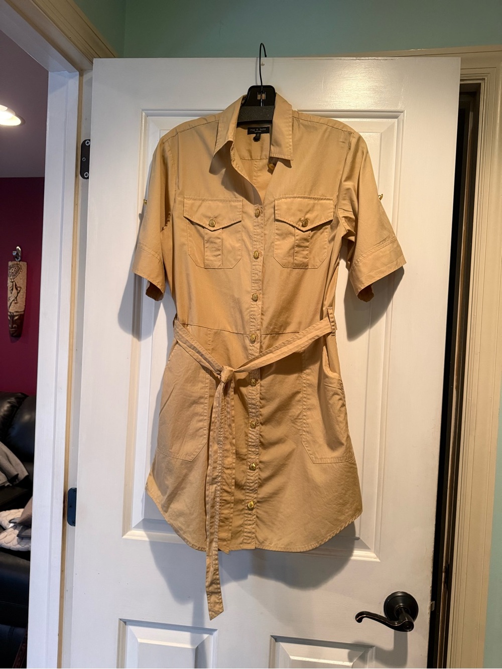 rag & bone Short-Sleeve Utility Shirt Dress in Beige